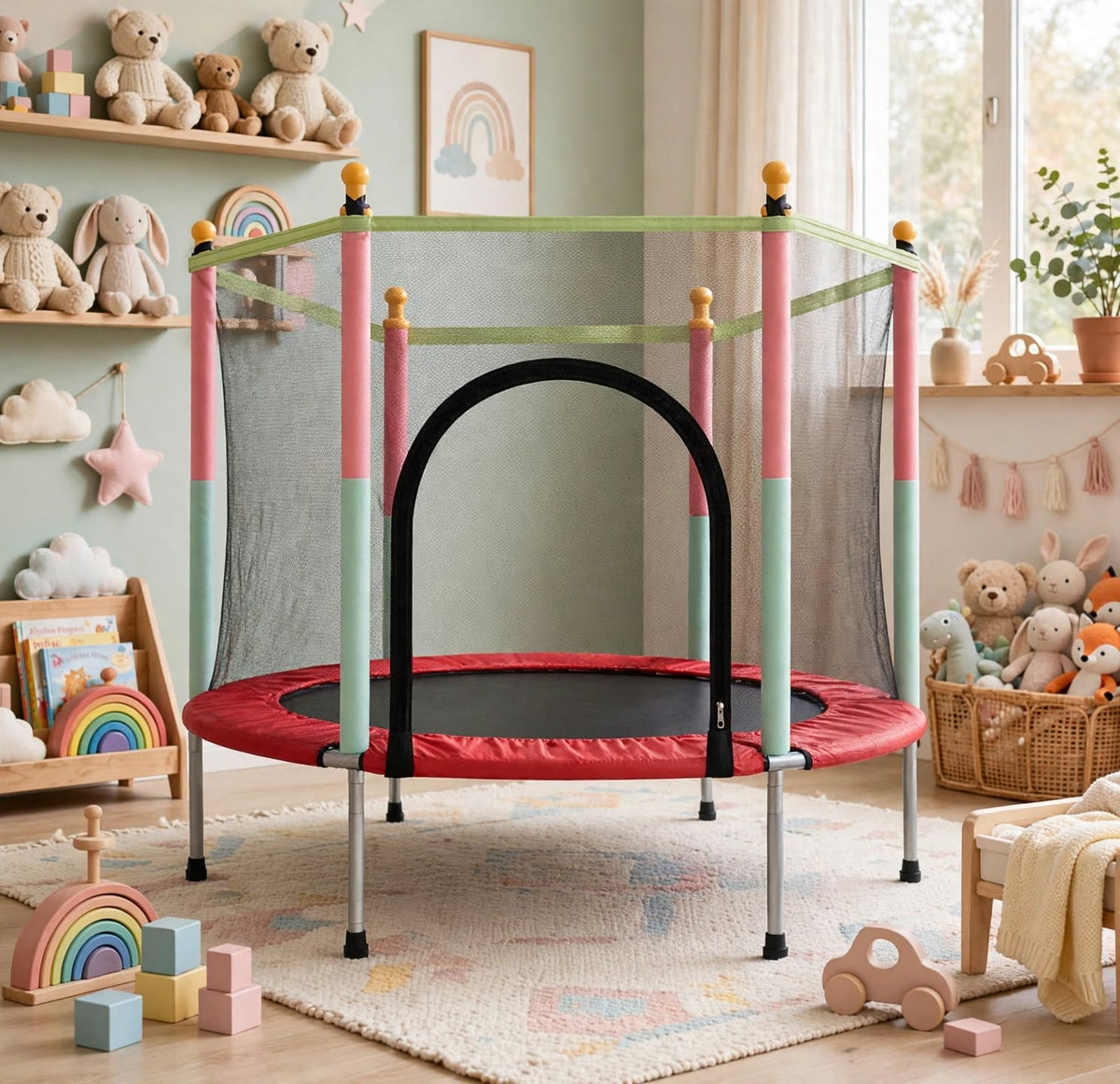Jumping Trampoline with Safety Net & Zipper Door, 6-Pole Design for Kids (Red)