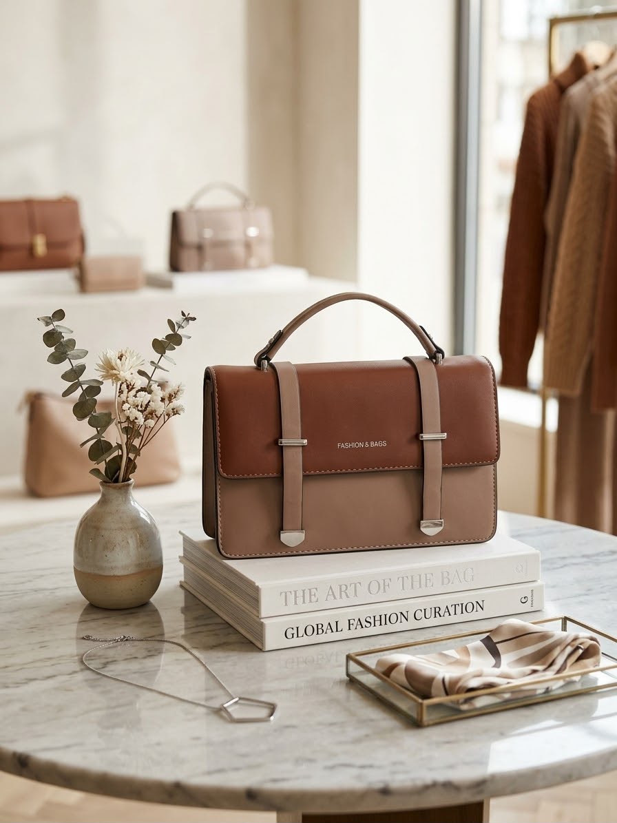 The Vogue Two-Tone Satchel in Chestnut & Taupe