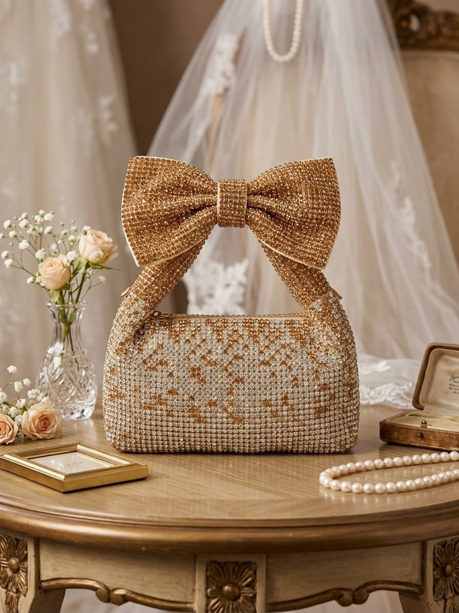 The Crystal Bow Bridal Bag in Gold Champagne