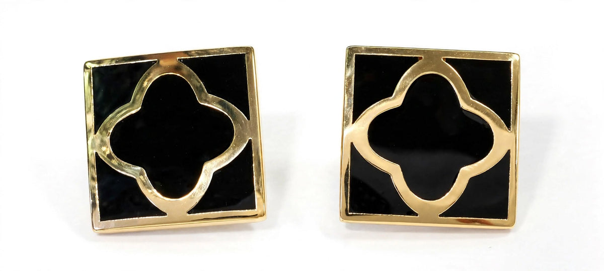 Gold Quatrefoil Black Enamel Square Cufflinks