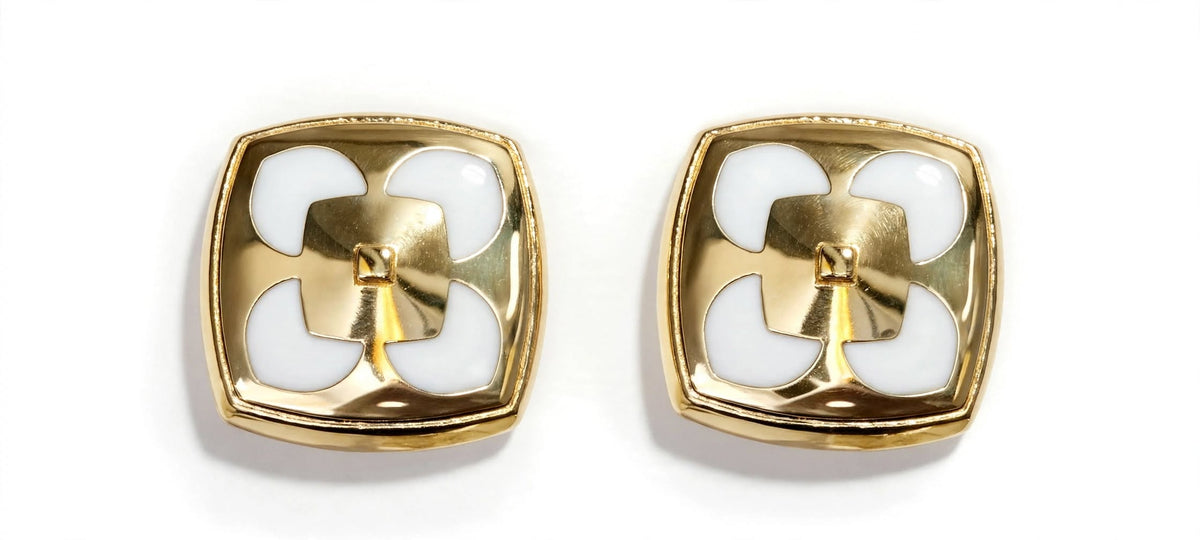 Vintage White Enamel Gold Cushion Clover Cufflinks