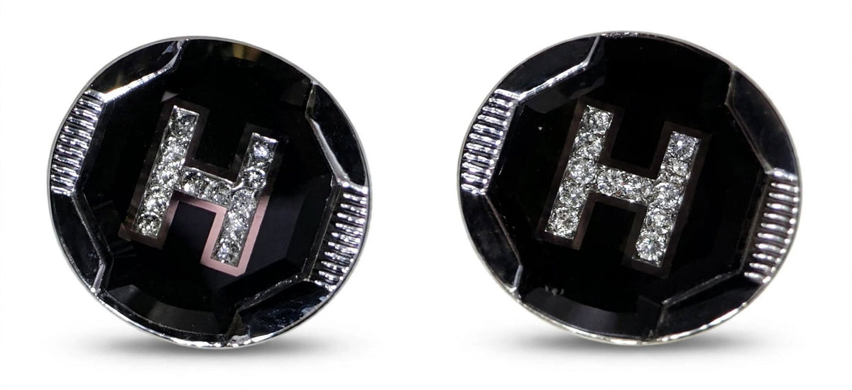 H Initial Crystal Black Round Cufflinks