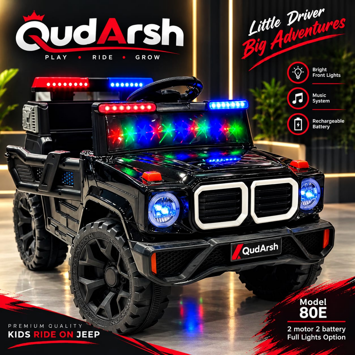Model 80E Black Kids Jeep - Double DRL Grill + RGB Stars + Police Lights - 2 Battery