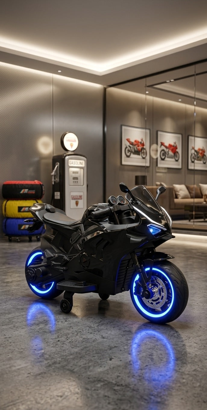 Midnight Racer - Kids Electric Super Bike with Blue Neon Wheels