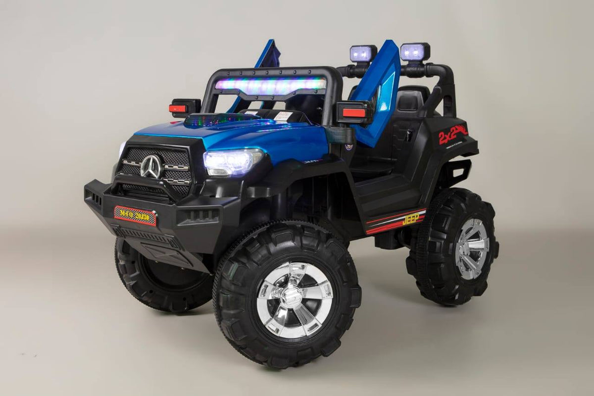 Kids Electric Jeep Model M-CO 20J30 | Mercedes Style 2x2 12V Ride-On with Rainbow Light Bar, Chrome Wheels & Parent Remote | Blue & Black