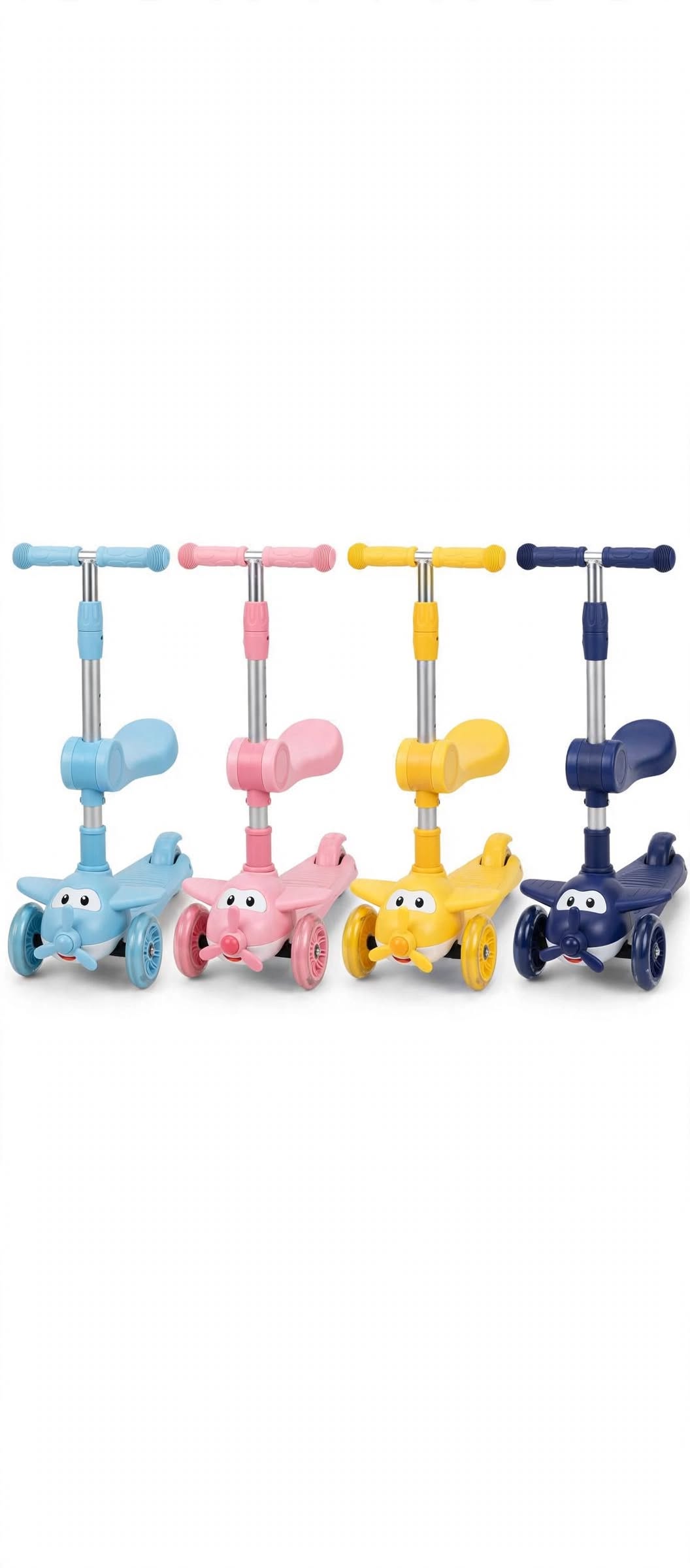 2-in-1 Baby Scooter & Ride On - Aeroplane 3 Wheel Scooter with Foldable Seat, LED Light Up Wheels, Height Adjustable
