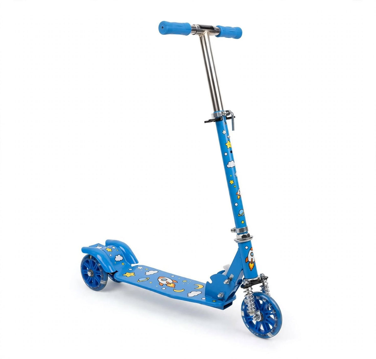 Kids 3-Wheel Scooter - Steel Body Kick Scooter with Front Shock Absorber, Adjustable Height, Large Wheels for 5-12 Years - Blue / Red