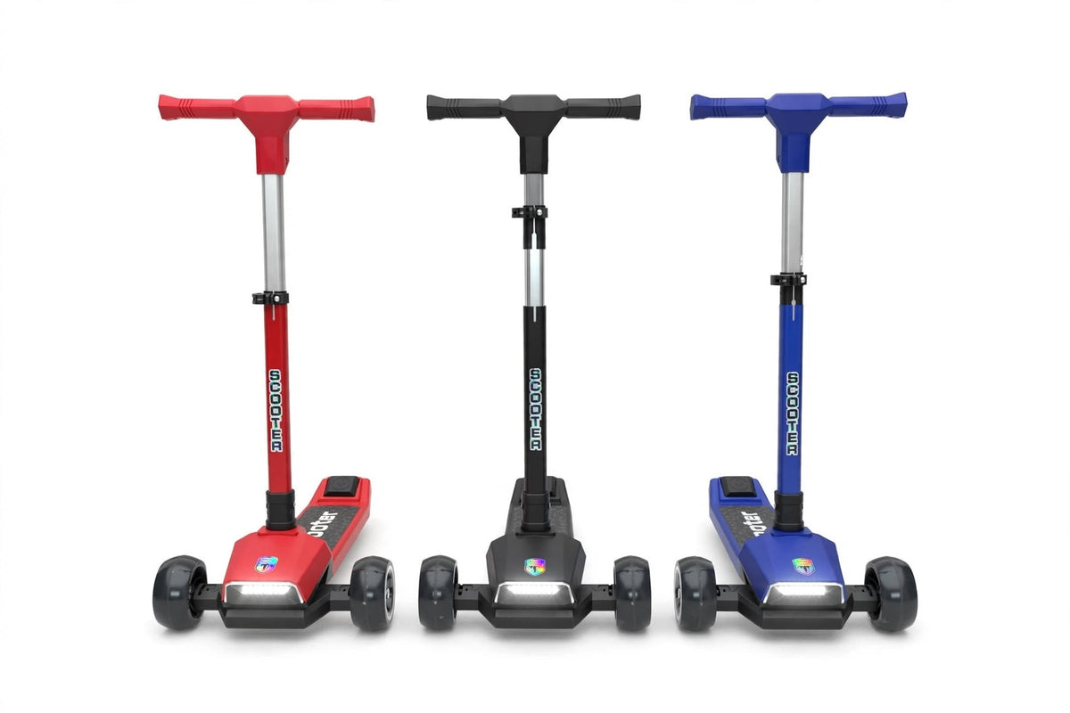 Model 601M Kids 3-Wheel Scooter - Wide Big Wheels, Front LED Light, Adjustable Height, SCOOTER Design for 3-8 Years - Red / Black / Blue
