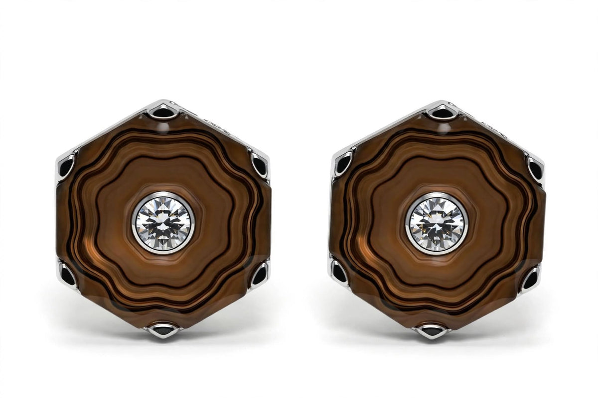 Brown Agate Hexagon Single Crystal Cufflinks