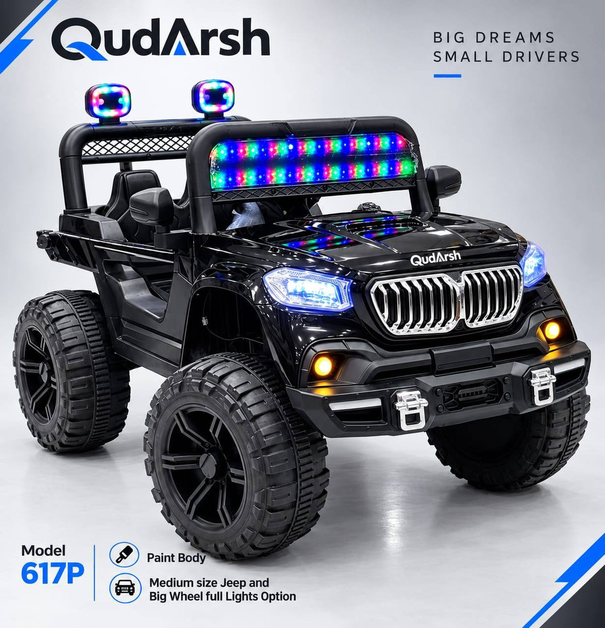 QudArsh 617P Black Paint Body Jeep - Full Lights Option - Medium Size Big Wheels
