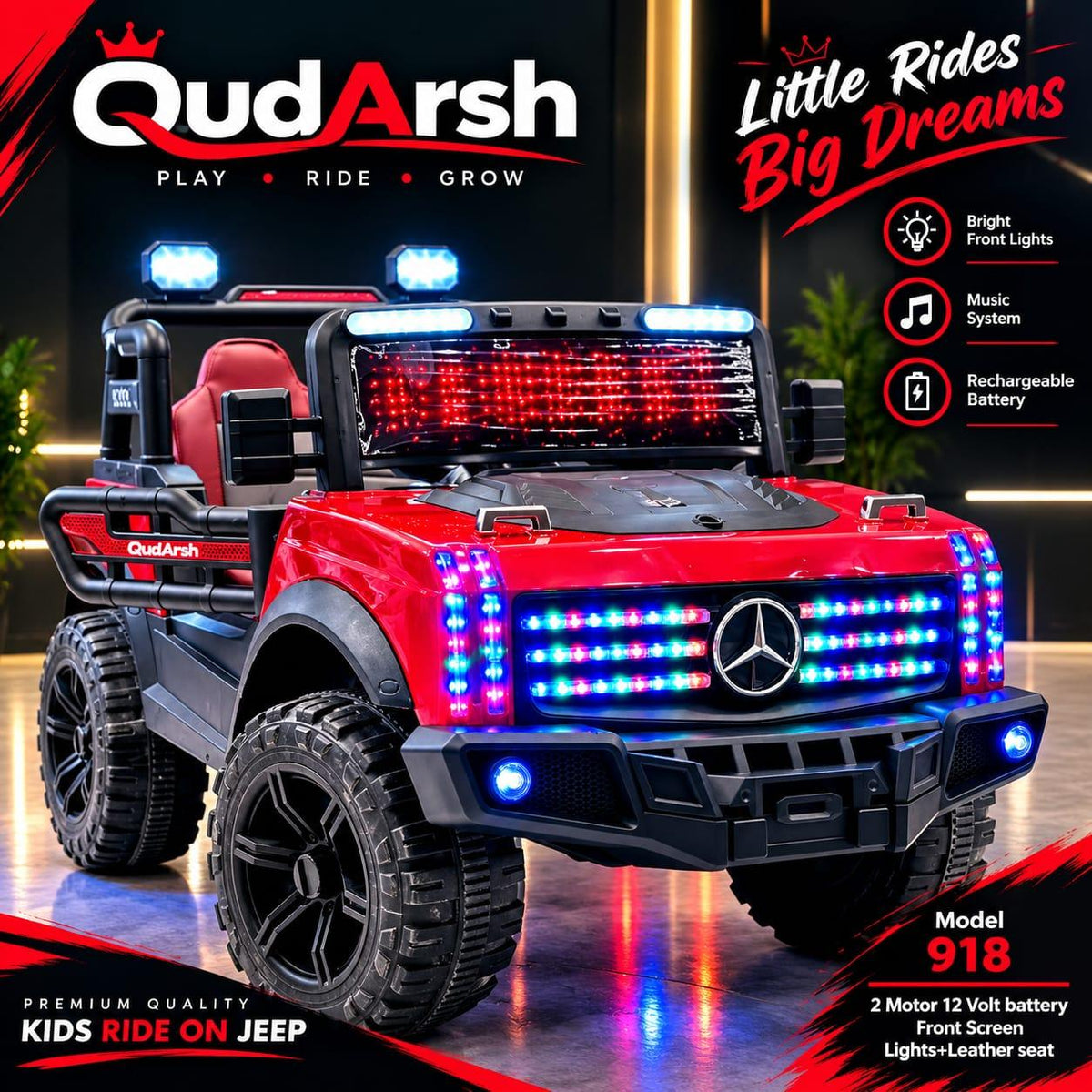 QudArsh Model 918 Red Jeep - Full Grill RGB Lights + Leather Seat - 2 Motor