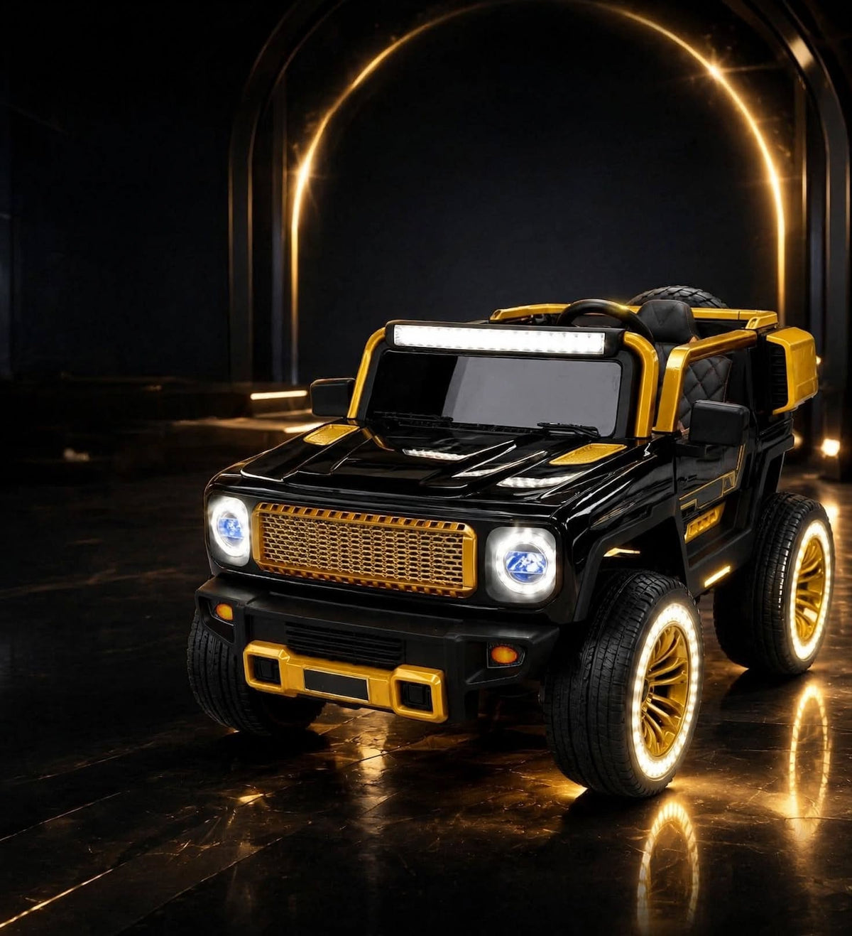 Kids Electric Car Model 7188 - Luxury 12V Ride On Jeep with LED Lights, Leather Seat & Parent Remote Control - Black & Gold