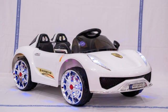 Kids Electric Car - Porsche Style Sports Car with Big Chrome Wheels, LED Lights, Double Seat & Parent Remote | White Color