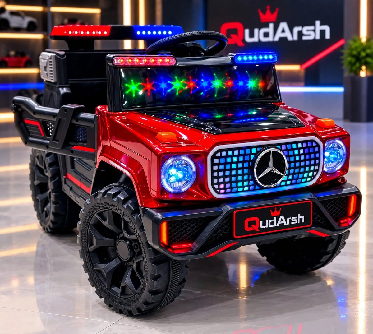 Model 80t Red Kids Jeep - Pixel Grill + RGB Stars + Police Lights - 2 Battery