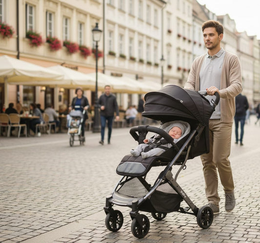 Black Travel Stroller on City Street