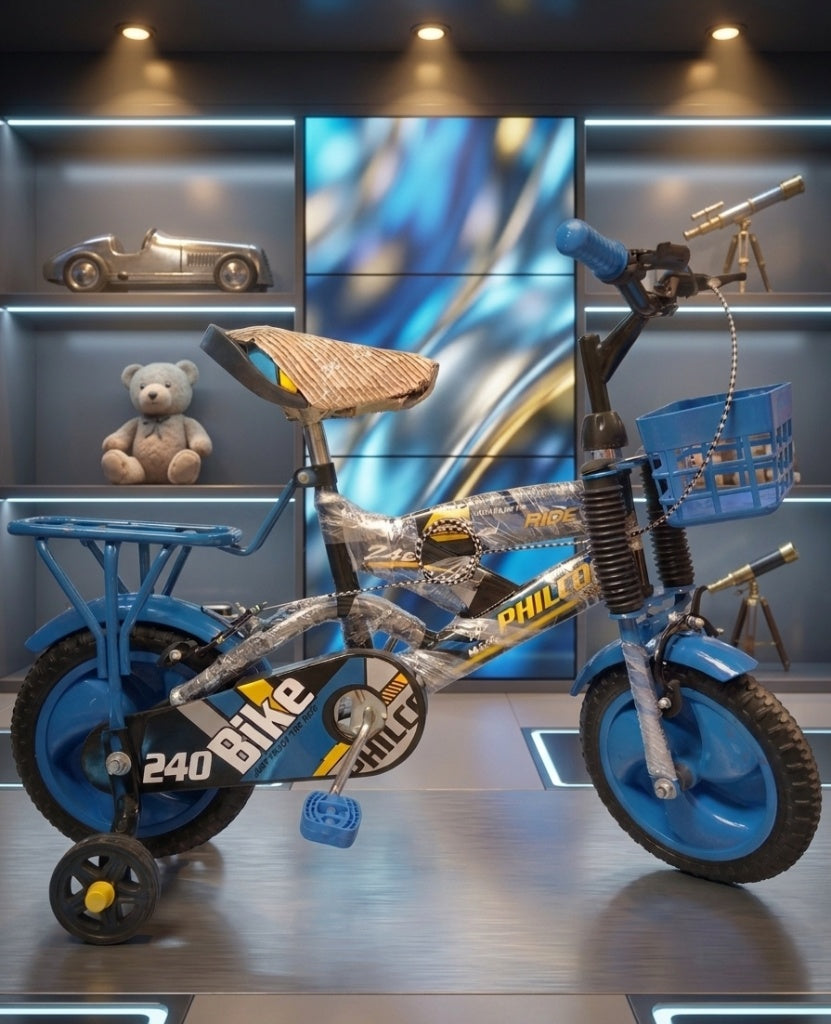 Kids Blue Bicycle with Training Wheels & Front Basket (Philco 240)