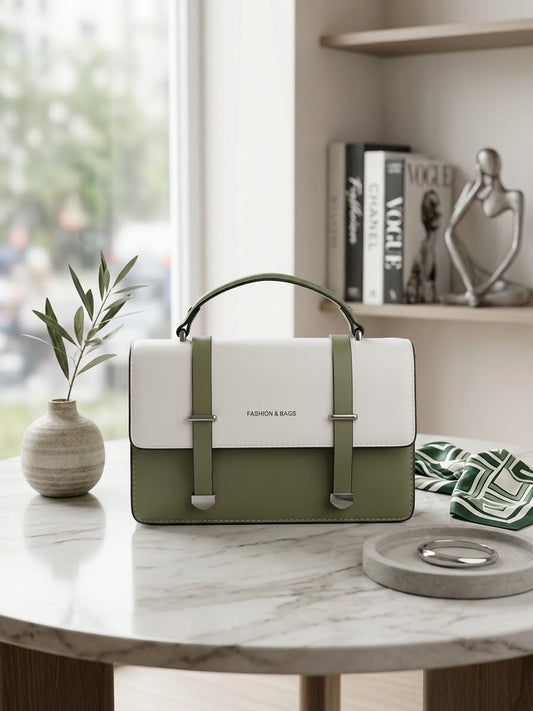 The Vogue Two-Tone Satchel in Olive & White