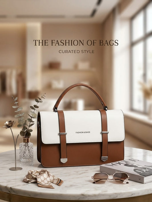 The Vogue Two-Tone Satchel in White & Tan