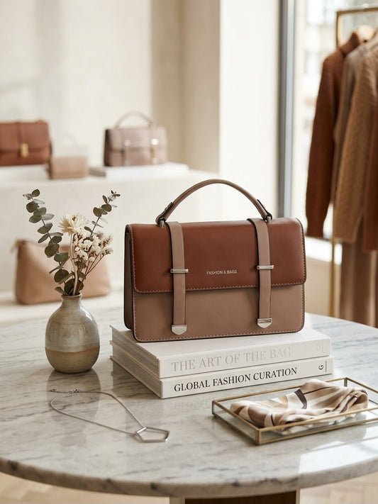 The Vogue Two-Tone Satchel in Chestnut & Taupe