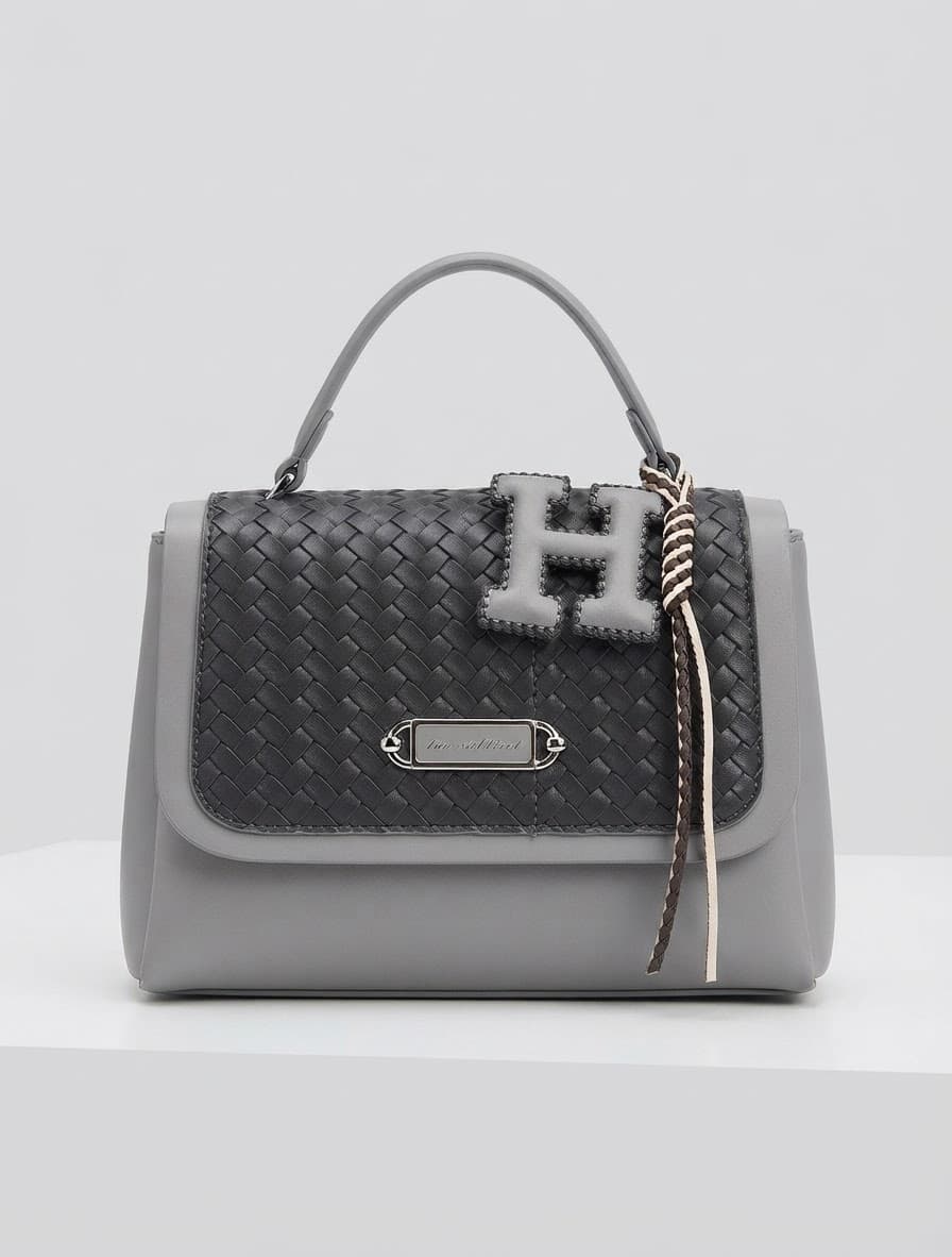 The H Woven Top-Handle Bag in Stone Grey