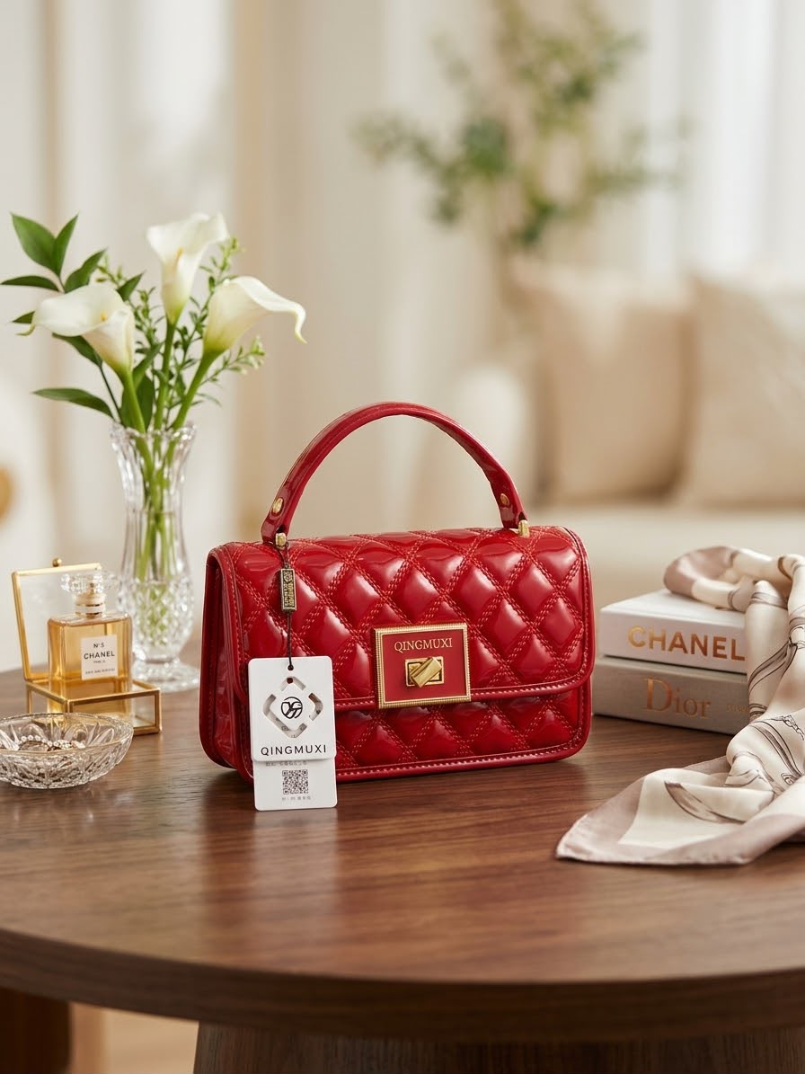 The Golden Quilted Top-Handle Bag in Ruby Red
