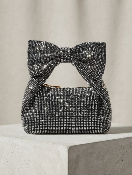 The Crystal Bow Bridal Bag in Jet Black