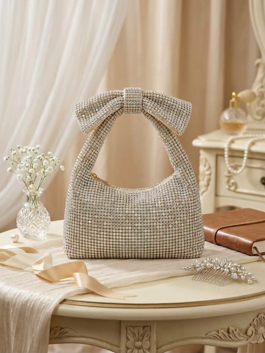 The Crystal Bow Bridal Bag in Silver Diamond
