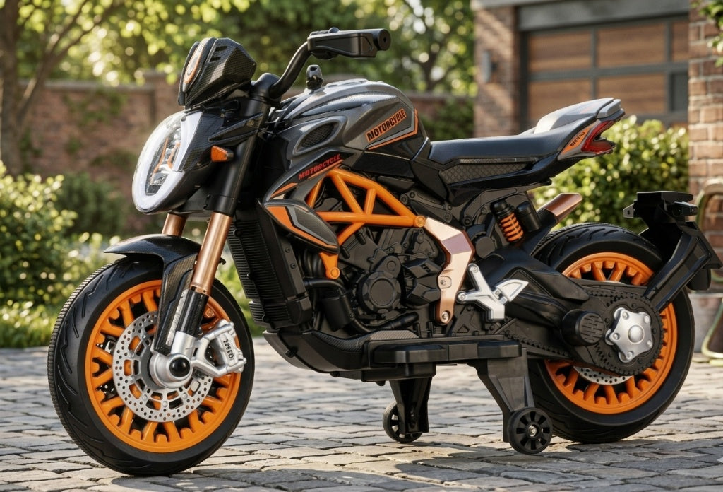 Sporty Black and Orange Kids Electric Motorcycle