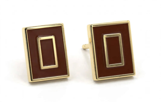 Classic Double Rectangle Brown Enamel Gold-Tone Cufflinks