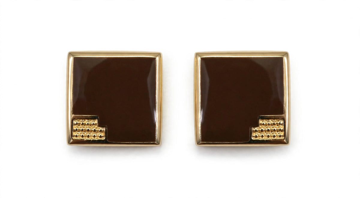 Brown Enamel Square Gold Corner Cufflinks