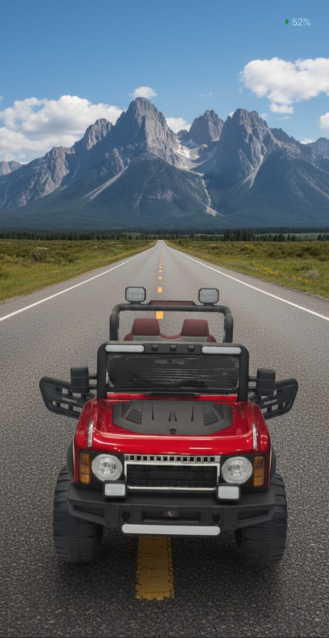 Red Ride-On Jeep on Mountain Road