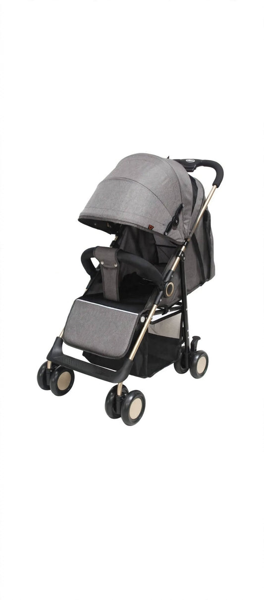 Premium Lightweight Baby Stroller - Grey with Golden Frame - Foldable Travel Pushchair