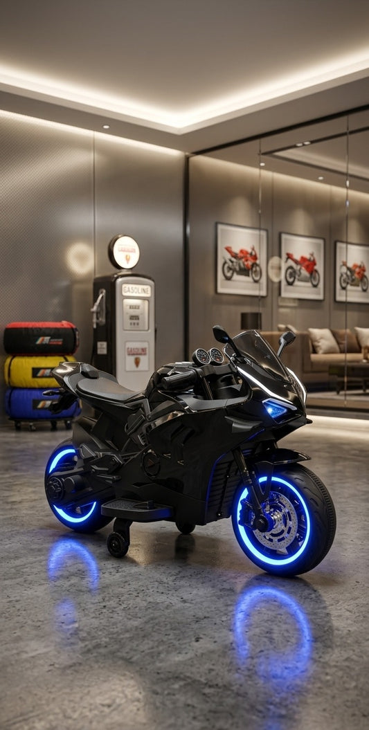 Midnight Racer - Kids Electric Super Bike with Blue Neon Wheels