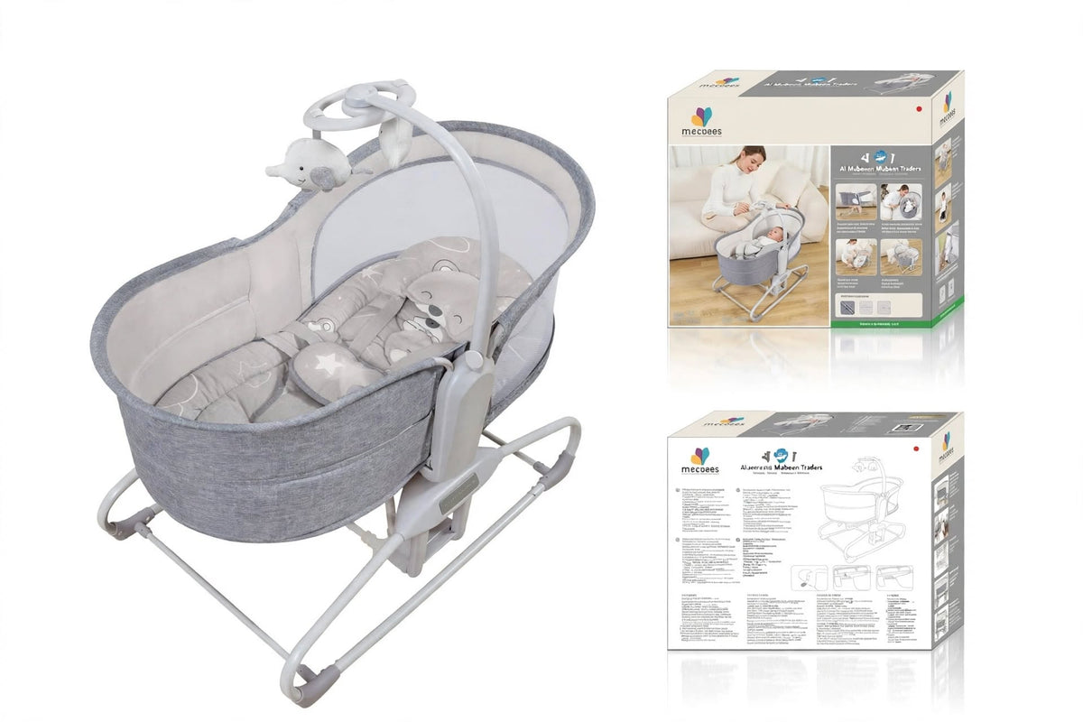 Mastela 4-in-1 Baby Bassinet Cradle Rocker - Auto Rocking Moses Basket with Mosquito Net, Music & Hanging Toys - Grey