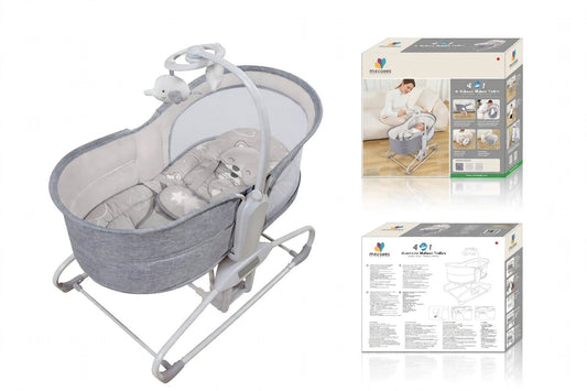 Mastela 4-in-1 Baby Bassinet Cradle Rocker - Auto Rocking Moses Basket with Mosquito Net, Music & Hanging Toys - Grey