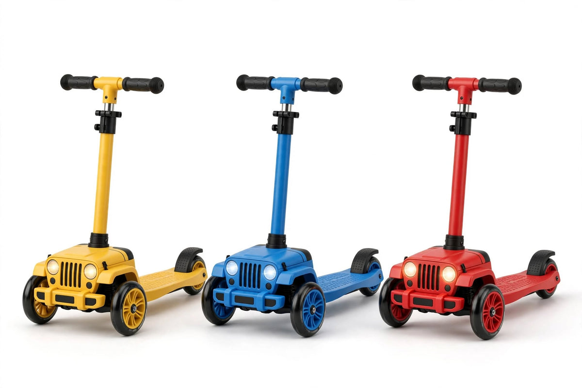Kids Jeep Scooter Model 908 - 3-Wheel Scooter with Light Up Headlights, Music, Adjustable Height for Boys