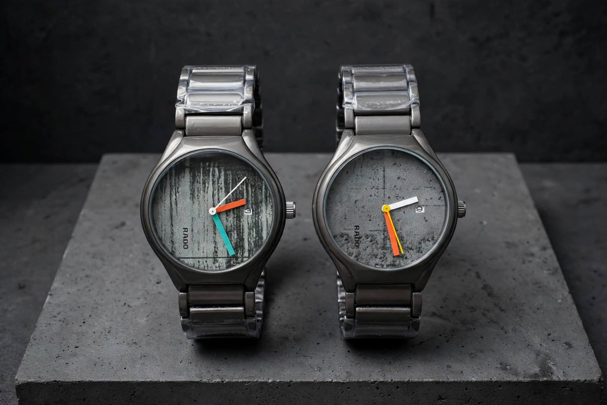 Rado Style Concrete Dial Watch | Grey Ceramic Wrist Watch with Color Hands & Date | Pack of 2