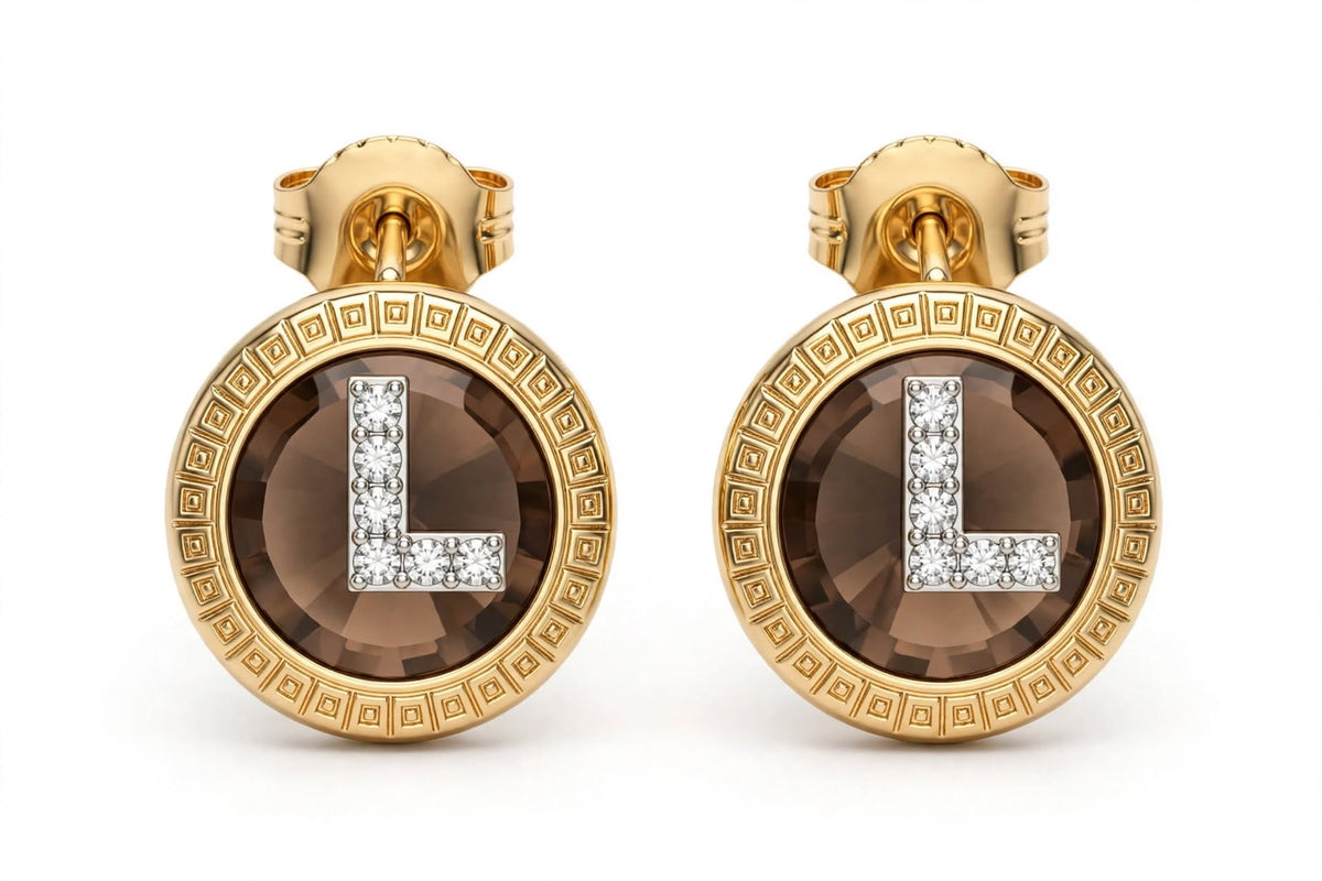 L Initial Mocha Brown Crystal Earrings