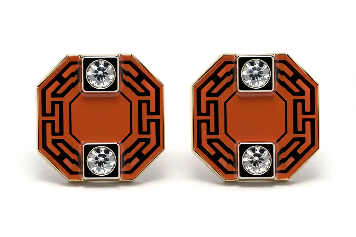 Burnt Orange Greek Maze Dual Crystal Cufflinks