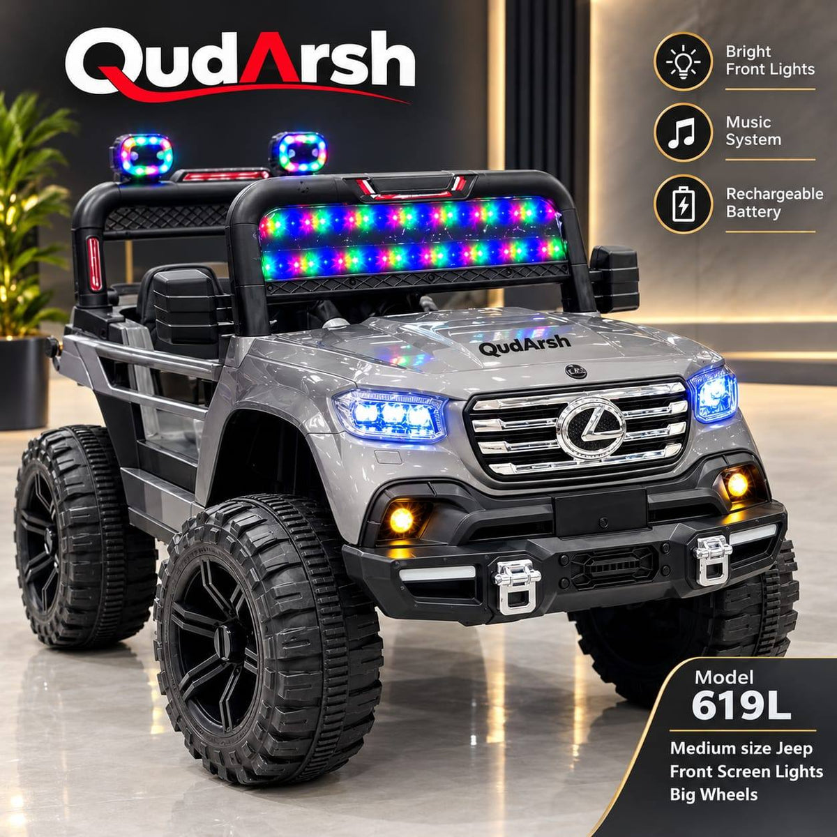 QudArsh Model 619L Medium Size Jeep - Front RGB Screen Lights - Big Wheels