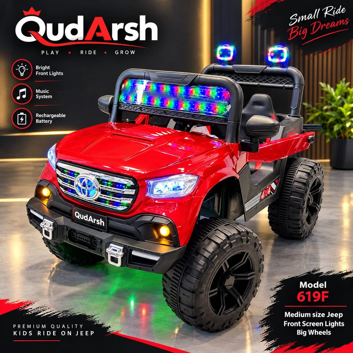 QudArsh Model 619F Red Medium Jeep - Front Grill + Screen RGB Lights - Big Wheels