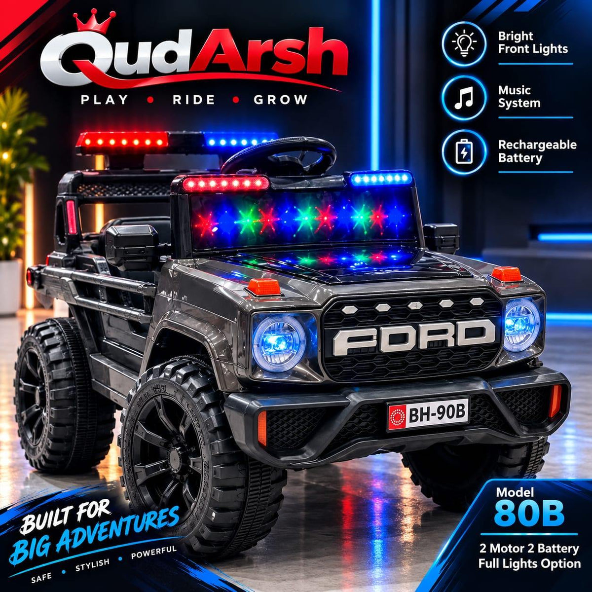 Model 80B Black Kids Jeep - FORD Grill Blue Lights + RGB Stars - 2 Motor 2 Battery