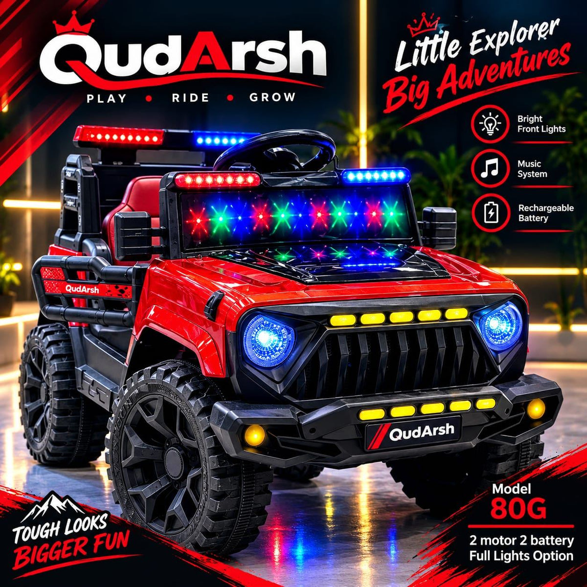 Model 80G Red Kids Jeep - Lambo Grill Yellow DRL + RGB Stars + Leather Seat - 2 Battery