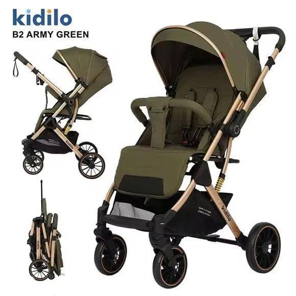 Army Green Premium Baby Stroller with Golden Frame - 3 View Foldable Pushchair