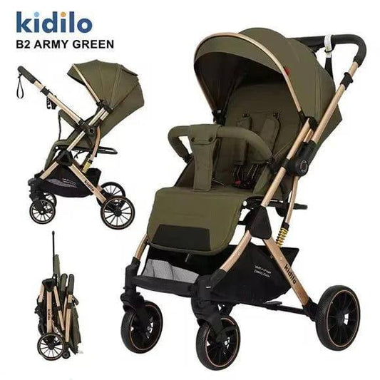 Army Green Premium Baby Stroller with Golden Frame - 3 View Foldable Pushchair