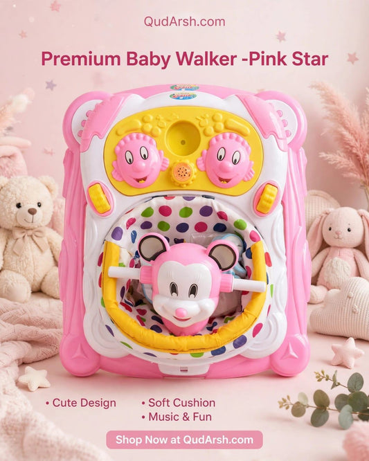 Premium Baby Walker - Pink Star | Musical Walker with Soft Cushion Seat