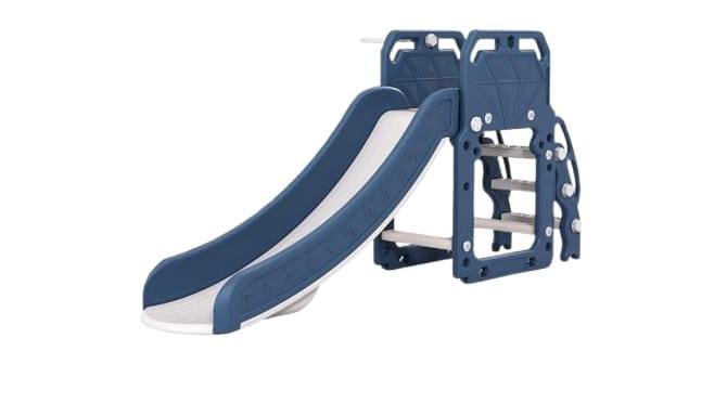 Seal Kids 2 in 1 Slide With Basketball Hoop - Blue Grey Yellow