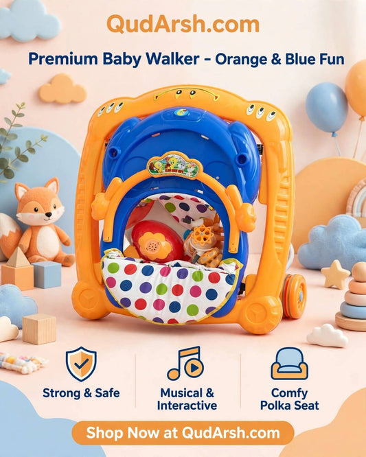 Premium Baby Walker - Orange & Blue Fun | Strong & Safe with Musical Interactive Toys