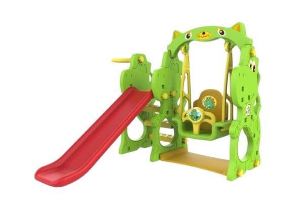 Product Name: Dino 3 in 1 Kids Slide With Swing and Basketball Hoop - Green and Red