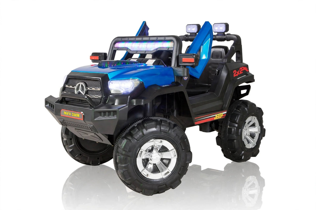 Kids Electric Jeep Model 617 | BMW Style 12V Ride-On with LED Grille Lights, City Night Background, Big Monster Wheels & Parent Remote | Blue Color